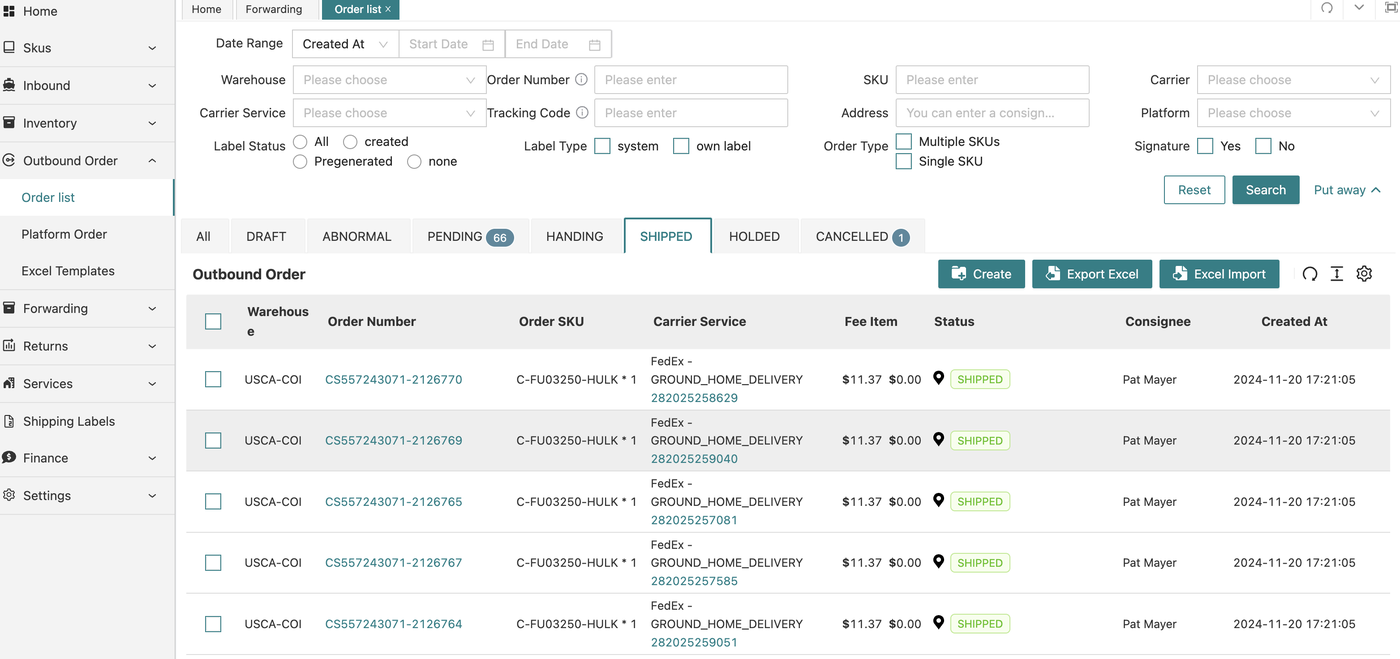 WMS B2C fulfillment screen with order list